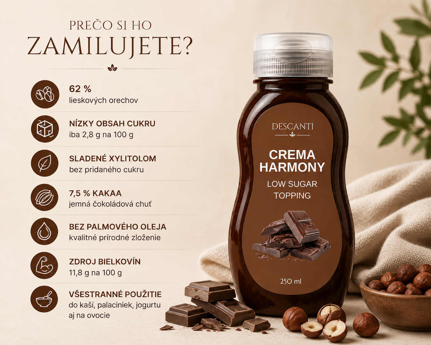 Descanti Topping Crema Harmony — 62% lískových ořechů, bez přidaného cukru, sladené xylitolom, 11,8 g bílkovin na 100 g